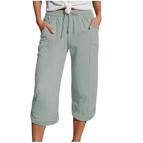 Musselin Hose 3/4 Leinenhose Sommer Kurze Hosen Sommerhose Leicht Caprihose Culotte Strandhose Schlupfhose Damenhose leicht Sommerhose aus Baumwolle Jogginghose mit Taschen (Mint Green, XXXL) von Zuoyue