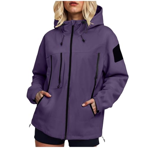 Regenjacke für Damen Leicht Softshelljacke Sommerjacke Atmungsaktiv Fahrradjacke übergangsjacke Wasserdicht Atmungsaktiv Softshelljacke Einfarbig Regenmantel mit Kapuze Leichte Jacke (A1-Purple, L) von Zuoyue