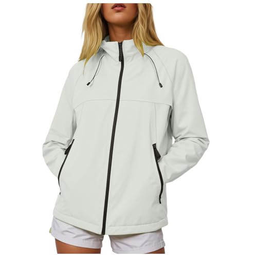 Regenjacke für Damen Leicht Softshelljacke Sommerjacke Atmungsaktiv Fahrradjacke übergangsjacke Wasserdicht Atmungsaktiv Softshelljacke Einfarbig Regenmantel mit Kapuze Leichte Jacke (White, M) von Zuoyue