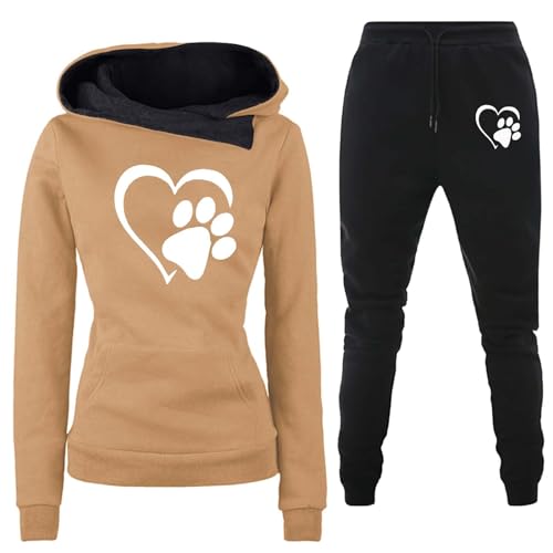 Zuoyue Damen Trainingsanzug Set 2-Teilig Heartbeat Print Hoodie Jogginghose Sweatshirt Hose Zweiteiler Jogginganzüge Langarm Hosenanzug Hoodie Jogginghose Hose Zweiteiler für Yoga Gym (A3-Coffee, L) von Zuoyue