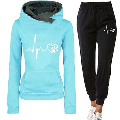 Zuoyue Damen Trainingsanzug Set 2-Teilig Heartbeat Print Hoodie Jogginghose Sweatshirt Hose Zweiteiler Jogginganzüge Langarm Hosenanzug Hoodie Jogginghose Hose Zweiteiler für Yoga Gym (Blue, XL) von Zuoyue