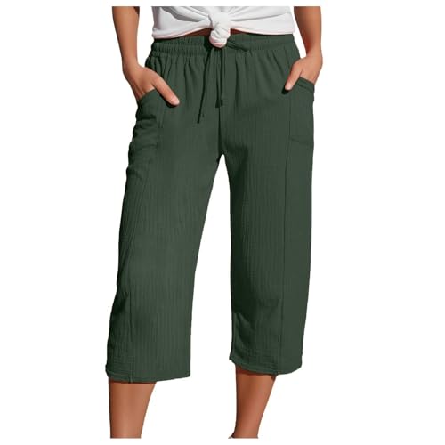 Zuoyue Musselin Hose 3/4 Leinenhose Sommer Kurze Hosen Sommerhose Leicht Caprihose Culotte Strandhose Schlupfhose Damenhose leicht Sommerhose aus Baumwolle Jogginghose mit Taschen (A1-Dark Green, XL) von Zuoyue