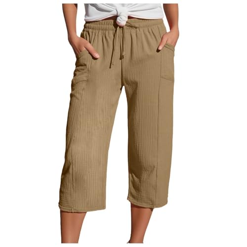 Zuoyue Musselin Hose 3/4 Leinenhose Sommer Kurze Hosen Sommerhose Leicht Caprihose Culotte Strandhose Schlupfhose Damenhose leicht Sommerhose aus Baumwolle Jogginghose mit Taschen (A1-Khaki, M) von Zuoyue