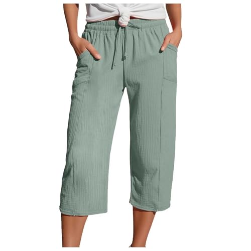 Zuoyue Musselin Hose 3/4 Leinenhose Sommer Kurze Hosen Sommerhose Leicht Caprihose Culotte Strandhose Schlupfhose Damenhose leicht Sommerhose aus Baumwolle Jogginghose mit Taschen (A1-Light Green, S) von Zuoyue