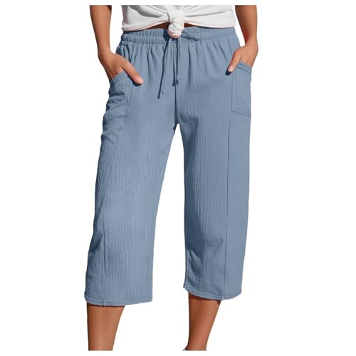 Zuoyue Musselin Hose 3/4 Leinenhose Sommer Kurze Hosen Sommerhose Leicht Caprihose Culotte Strandhose Schlupfhose Damenhose leicht Sommerhose aus Baumwolle Jogginghose mit Taschen (A1-Sky Blue, L) von Zuoyue
