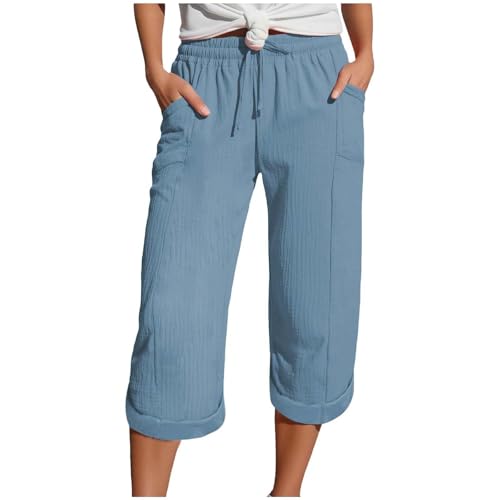 Zuoyue Musselin Hose 3/4 Leinenhose Sommer Kurze Hosen Sommerhose Leicht Caprihose Culotte Strandhose Schlupfhose Damenhose leicht Sommerhose aus Baumwolle Jogginghose mit Taschen (Blue, XXXXL) von Zuoyue