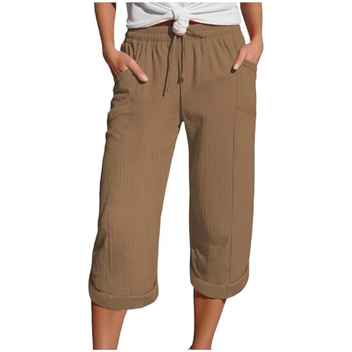 Zuoyue Musselin Hose 3/4 Leinenhose Sommer Kurze Hosen Sommerhose Leicht Caprihose Culotte Strandhose Schlupfhose Damenhose leicht Sommerhose aus Baumwolle Jogginghose mit Taschen (Brown, M) von Zuoyue