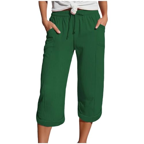 Zuoyue Musselin Hose 3/4 Leinenhose Sommer Kurze Hosen Sommerhose Leicht Caprihose Culotte Strandhose Schlupfhose Damenhose leicht Sommerhose aus Baumwolle Jogginghose mit Taschen (Dark Green, XL) von Zuoyue