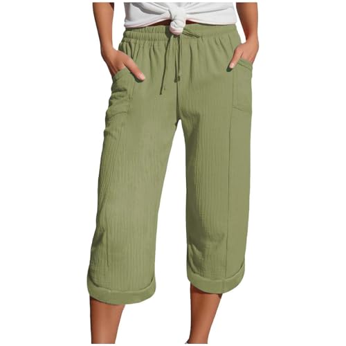 Zuoyue Musselin Hose 3/4 Leinenhose Sommer Kurze Hosen Sommerhose Leicht Caprihose Culotte Strandhose Schlupfhose Damenhose leicht Sommerhose aus Baumwolle Jogginghose mit Taschen (Green, XXL) von Zuoyue