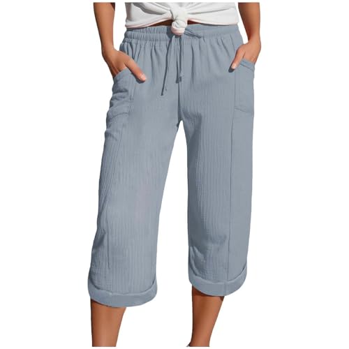 Zuoyue Musselin Hose 3/4 Leinenhose Sommer Kurze Hosen Sommerhose Leicht Caprihose Culotte Strandhose Schlupfhose Damenhose leicht Sommerhose aus Baumwolle Jogginghose mit Taschen (Grey, M) von Zuoyue