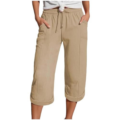 Zuoyue Musselin Hose 3/4 Leinenhose Sommer Kurze Hosen Sommerhose Leicht Caprihose Culotte Strandhose Schlupfhose Damenhose leicht Sommerhose aus Baumwolle Jogginghose mit Taschen (Khaki, XL) von Zuoyue