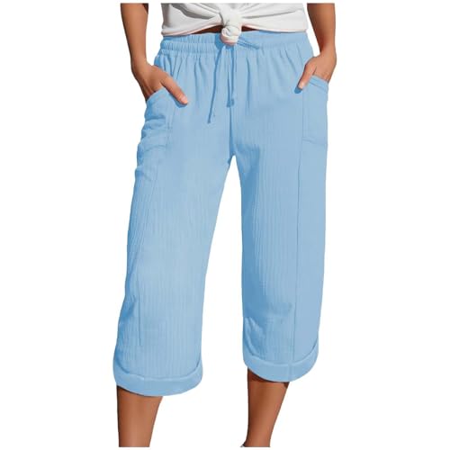 Zuoyue Musselin Hose 3/4 Leinenhose Sommer Kurze Hosen Sommerhose Leicht Caprihose Culotte Strandhose Schlupfhose Damenhose leicht Sommerhose aus Baumwolle Jogginghose mit Taschen (Light Blue, M) von Zuoyue
