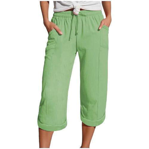 Zuoyue Musselin Hose 3/4 Leinenhose Sommer Kurze Hosen Sommerhose Leicht Caprihose Culotte Strandhose Schlupfhose Damenhose leicht Sommerhose aus Baumwolle Jogginghose mit Taschen (Light Green, XL) von Zuoyue