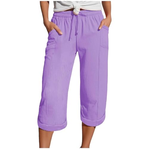 Zuoyue Musselin Hose 3/4 Leinenhose Sommer Kurze Hosen Sommerhose Leicht Caprihose Culotte Strandhose Schlupfhose Damenhose leicht Sommerhose aus Baumwolle Jogginghose mit Taschen (Light Purple, XL) von Zuoyue