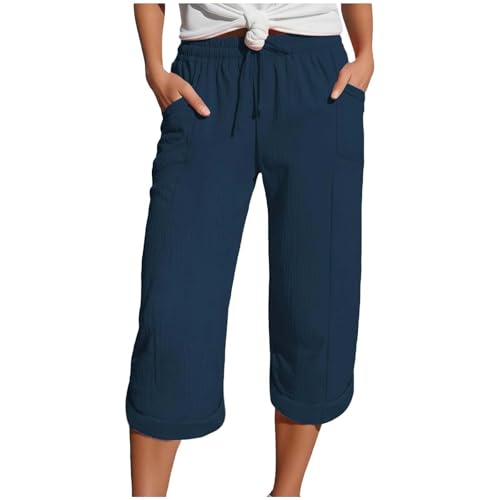 Zuoyue Musselin Hose 3/4 Leinenhose Sommer Kurze Hosen Sommerhose Leicht Caprihose Culotte Strandhose Schlupfhose Damenhose leicht Sommerhose aus Baumwolle Jogginghose mit Taschen (Navy, XL) von Zuoyue