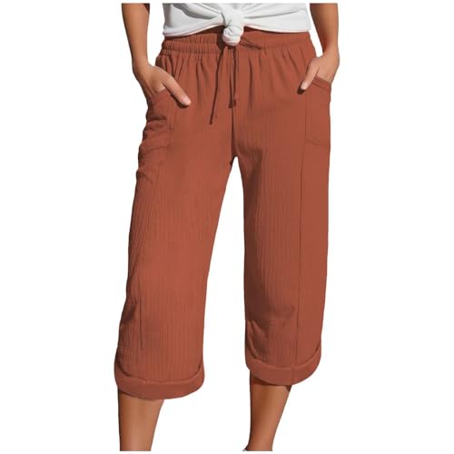 Zuoyue Musselin Hose 3/4 Leinenhose Sommer Kurze Hosen Sommerhose Leicht Caprihose Culotte Strandhose Schlupfhose Damenhose leicht Sommerhose aus Baumwolle Jogginghose mit Taschen (Orange, XXXL) von Zuoyue