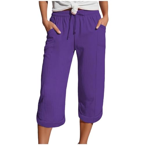 Zuoyue Musselin Hose 3/4 Leinenhose Sommer Kurze Hosen Sommerhose Leicht Caprihose Culotte Strandhose Schlupfhose Damenhose leicht Sommerhose aus Baumwolle Jogginghose mit Taschen (Purple, S) von Zuoyue