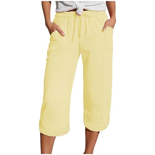 Zuoyue Musselin Hose 3/4 Leinenhose Sommer Kurze Hosen Sommerhose Leicht Caprihose Culotte Strandhose Schlupfhose Damenhose leicht Sommerhose aus Baumwolle Jogginghose mit Taschen (Yellow, L) von Zuoyue