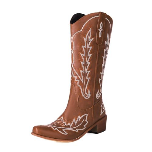 ZureoZaore Damen EmbroideBrown Cowboy Western Stiefel Pointed Toe Wadenhoch Cowgirl Stiefel Mode Wide Calf Stiefel Brown Große 40 von ZureoZaore