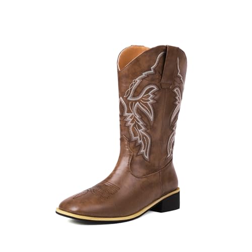 ZureoZaore Damen Embroidered Cowboy Knöchel Stiefel Ohne Verschluss Sommer Kurzschaft Cowgirl Stiefelettens Square Toe Wadenhoch Stiefel von ZureoZaore