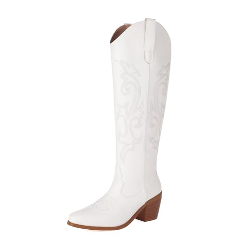 ZureoZaore Damen Embroidered Cowboy Stiefel Kniehoch Western Stiefel Chunky Heel Wide Calf Boot White Große 43 von ZureoZaore