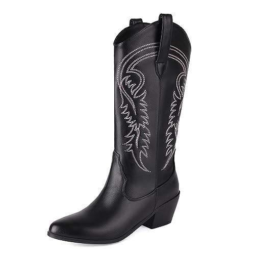 ZureoZaore Damen Embroidered Cowboy Stiefel Pull-On Chunky Heel Cowgirl Wadenhoch Western Stiefel Black Große 37 von ZureoZaore