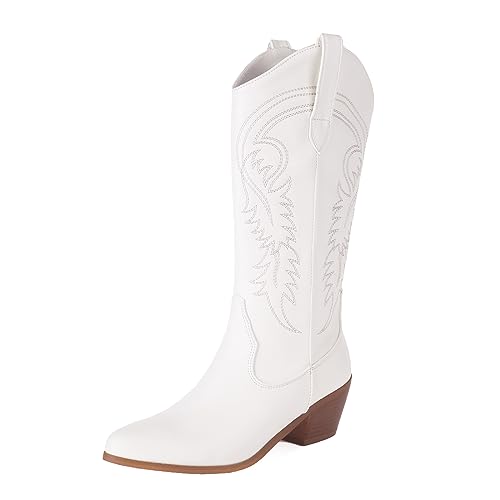 ZureoZaore Damen Embroidered Cowboy Stiefel Pull-On Chunky Heel Cowgirl Wadenhoch Western Stiefel White Große 37 von ZureoZaore