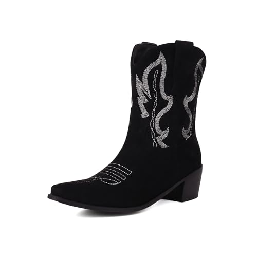 ZureoZaore Damen Embroidered Cowboy Western Stiefelettens Pointed Toe Cowgirl Knöchel Stiefel Wide Calf Stiefel Black Große 37 von ZureoZaore