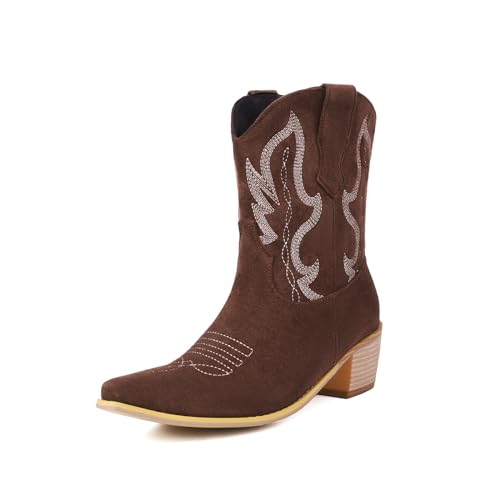 ZureoZaore Damen Embroidered Cowboy Western Stiefelettens Pointed Toe Cowgirl Knöchel Stiefel Wide Calf Stiefel Brown Große 37 von ZureoZaore