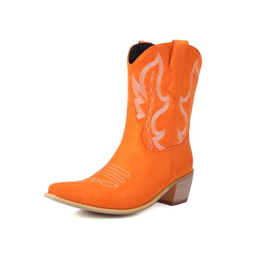 ZureoZaore Damen Embroidered Cowboy Western Stiefelettens Pointed Toe Cowgirl Knöchel Stiefel Wide Calf Stiefel Orange Große 39 von ZureoZaore