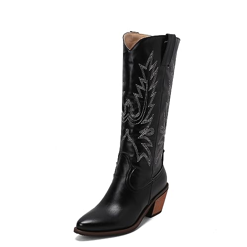 ZureoZaore Damen Embroidered Cowgirl Kniehoch Stiefel Pointed Toe Chunky Heel Western Stiefel Schlupf Cowboy Stiefel Black Große 43 von ZureoZaore