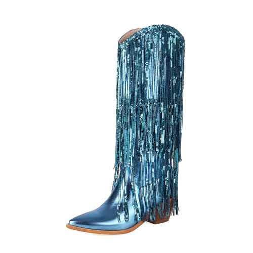 ZureoZaore Damen Franse Western Cowboy Stiefel Metallic Cowgirl Wadenhoch Stiefel Pointed Toe Blockabsatz Mode Party Stiefel for Damen with Quasten Blue Große 37 von ZureoZaore