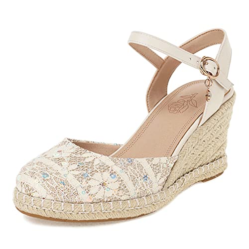 ZureoZaore Damen Geschlossen Espadrilles Keilabsatz Sandalen Plateau High Heels Knöchelriemchen Sommer Breathable Schuhe Beige Size 34 Asian von ZureoZaore