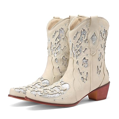 ZureoZaore Damen Glitzer Cowboy Stiefel Inlay Crystal Knöchel Pointed Toe Blocl Heel Kurzschaft Stiefel Beige Große 41 von ZureoZaore