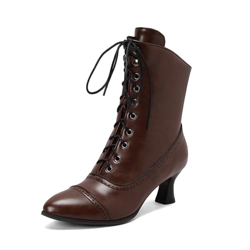 ZureoZaore Damen Louis Heel Victorian Knöchel Stiefel Schnüren Stiefel with Reißverschluss Wadenhoch Retro Gothic Stiefel Brown Große 39 von ZureoZaore