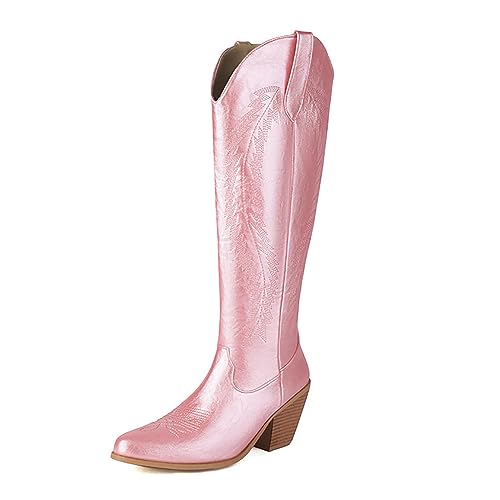 ZureoZaore Damen Metallic Cowboy Stiefel Embroidered Wide Calf Kniehoch Stiefel Pointed Toe Western Cowgirl Stiefel Pink Große 35 von ZureoZaore