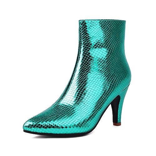 ZureoZaore Damen Metallic Knöchel Stiefel with Side Reißverschluss Kitten Heel Fisher Kurzschaft Stiefel Low Top Leder Stiefel Mode Kleid Stiefel Green Große 45 von ZureoZaore