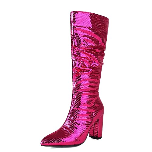 ZureoZaore Damen Metallic Slouchy Stiefel Ohne Verschluss Kniehoch Stiefel Blockabsatz Sparkly Party Stiefel Rosered Große 48 von ZureoZaore