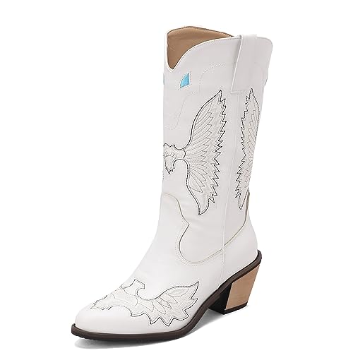 ZureoZaore Damen Mid-Calf Embroidered Cowboy Stiefel Eagle Shape Chunky Heel Western Cowgirl Stiefel for Party White Große 39 von ZureoZaore