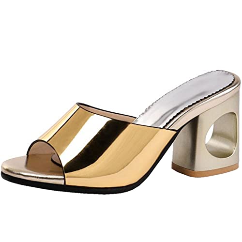 ZureoZaore Damen Mode Shiny Sommer Sandalen Dicke Ferse Peep Toe Party Schuhe Ohne Verschluss Pantoletten Blockabsatz Sandalen Gold Große 46 Asiatisch von ZureoZaore