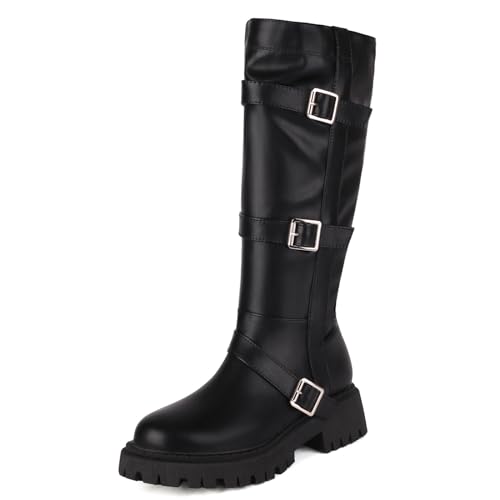 ZureoZaore Damen Plateau Kniehoch Stiefel Schnalle Reitstiefel with Side Reißverschlussper Black Große 37 von ZureoZaore