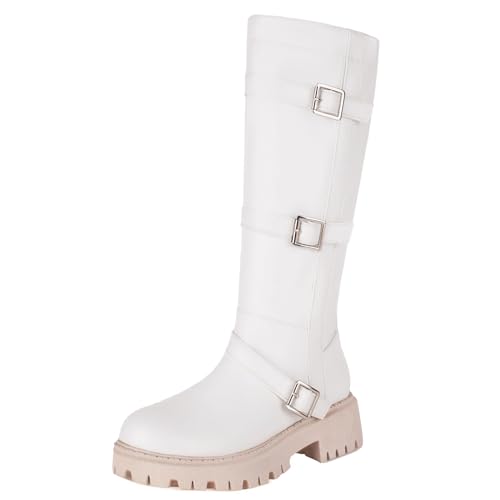 ZureoZaore Damen Plateau Kniehoch Stiefel Schnalle Reitstiefel with Side Reißverschlussper White Große 40 von ZureoZaore