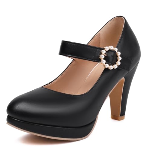 ZureoZaore Damen Plateau Knöchelriemchen Mary Jane Höhen Blockabsatz Pumps Hochzeit Kleid Schuhe Black Große 35 von ZureoZaore