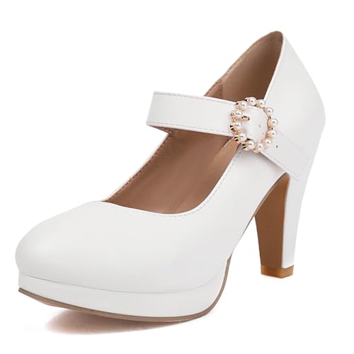 ZureoZaore Damen Plateau Knöchelriemchen Mary Jane Höhen Blockabsatz Pumps Hochzeit Kleid Schuhe White Große 48 von ZureoZaore