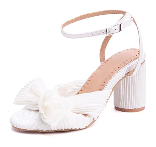 ZureoZaore Damen Pleated Bogen Braut Sandalen Mitte Blockabsatz Hochzeit Schuhe Knöchelriemchen Kleid Schuhe White Große 5 von ZureoZaore