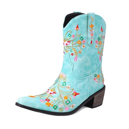 ZureoZaore Damen Retro Blume EmbroideBlue Cowboy Stiefel Vintage Kurzschaft Western Knöchel Stiefel Blue Große 37 von ZureoZaore