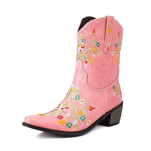 ZureoZaore Damen Retro Blume EmbroidePink Cowboy Stiefel Vintage Kurzschaft Western Knöchel Stiefel Pink Große 43 von ZureoZaore