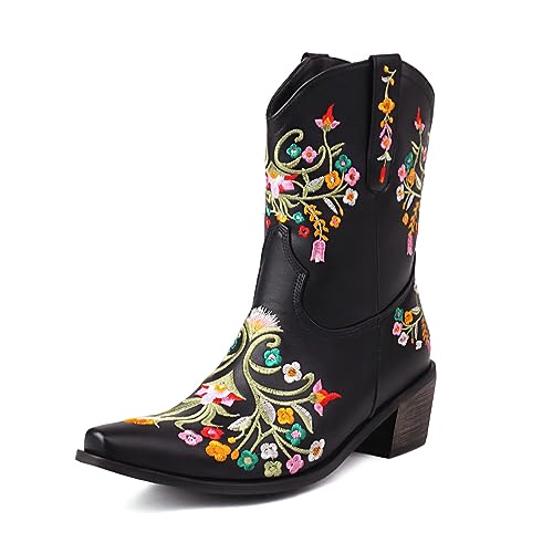 ZureoZaore Damen Retro Blume Embroidered Cowboy Stiefel Vintage Kurzschaft Western Knöchel Stiefel Black Große 40 von ZureoZaore