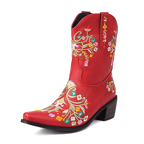 ZureoZaore Damen Retro Blume Embroidered Cowboy Stiefel Vintage Kurzschaft Western Knöchel Stiefel Red Große 37 von ZureoZaore