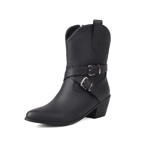 ZureoZaore Damen Schnalle Cowboy Knöchel Stiefel Blockabsatz Western Cowgirl Stiefel Kurzschaft Stiefeletten with Side Reißverschlussper Black Große 39 von ZureoZaore